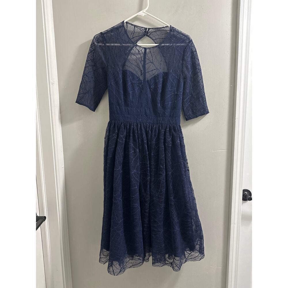 🔴ML Monique Lhuillier Navy Lines‎ Dress 4 Half Sleeve Cut Out Back Sweetheart